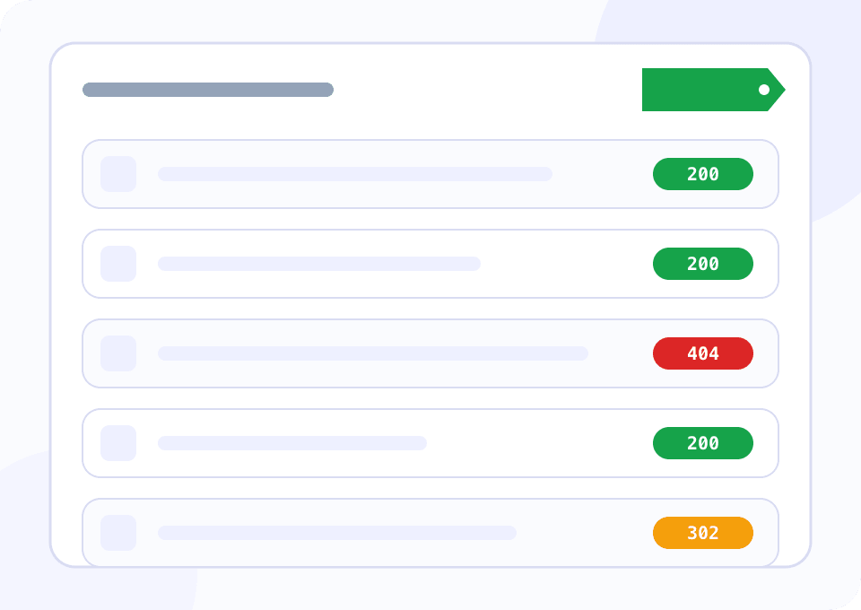 Listing check report: five rows with 200, 404 and 302 statuses
