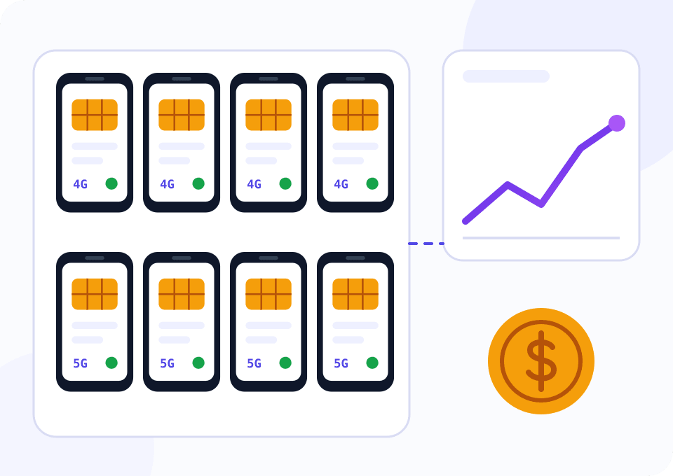 Diagram: a rack of eight phones with SIM cards next to an income chart and a coin